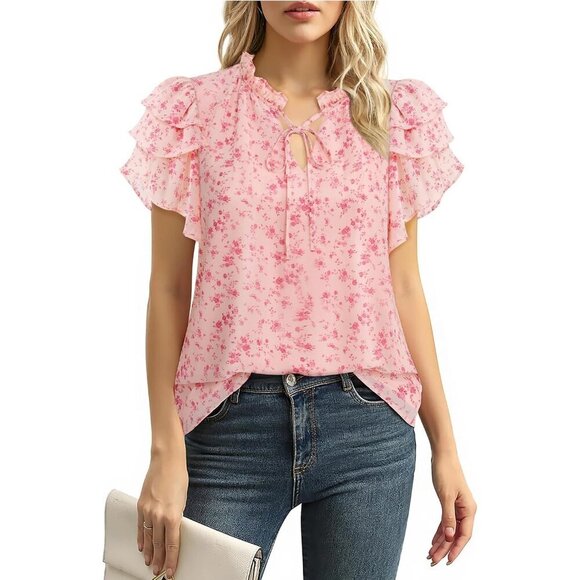 Tops - Chiffon Blouse Women Summer Ruffle Sleeves V-Neck Tie Detail Elegant Top